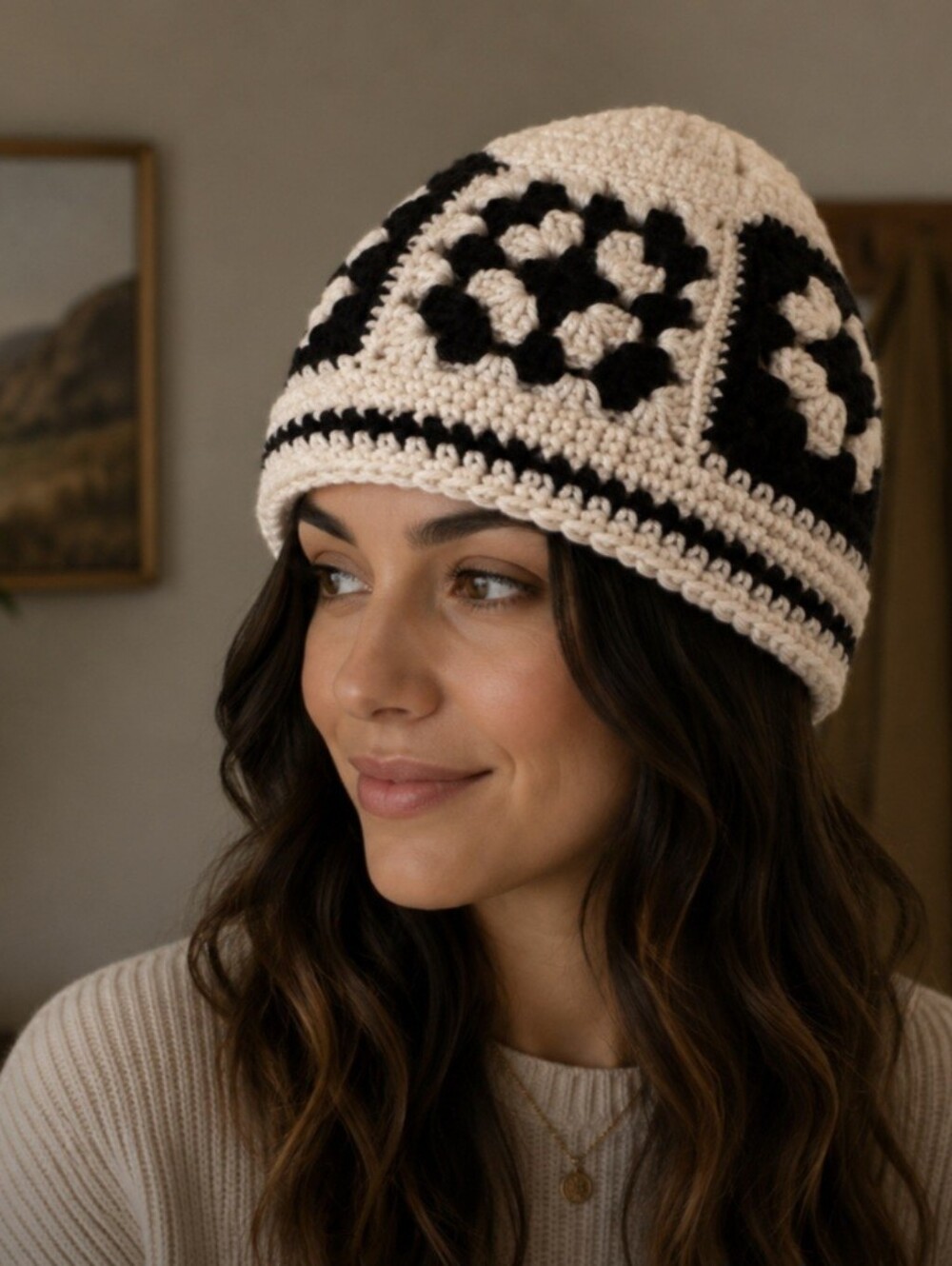 Handmade Crochet Beanie Cap Black & White Granny Square Hand Knit OS Cottagecore